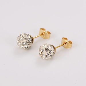 Vintage gold stainless steel stud earrings with shimmering crystal pavé ball pendants