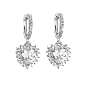 Sparkling silver heart drop earrings with cubic zirconia and micro-paved rhinestones