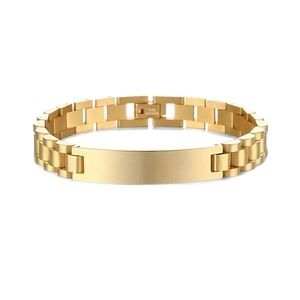 Polished gold stainless steel watch band bracelet with curved bar design for men and women