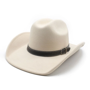 Classic cream wool felt western cowboy hat with brown leather band and metal buckle