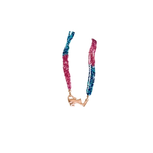Multilayer crystal bead necklace with gold cat pendant charm on white background