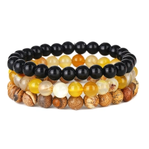 Three-layer elastic beaded bracelet set featuring obsidian, agate, and natural jasper stones