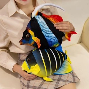 Realistic tropical fish plush toys with colorful angelfish and butterfly fish patterns