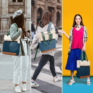 Three-way view of multi-color outdoor travel backpack with USB charging port