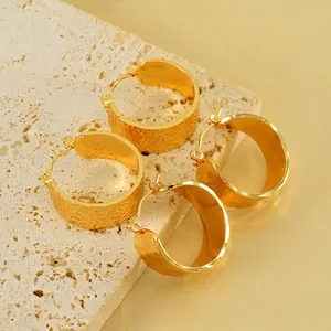 Boucles D'oreilles Créoles Pour Femmes Plaqué Or 18K Acier Inoxydable Texture Martelée Grand Rond Bijoux De Mode