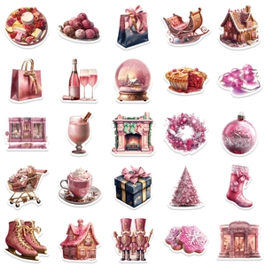 50-piece set of pink Christmas stickers with gingerbread houses and trees for laptop decor
