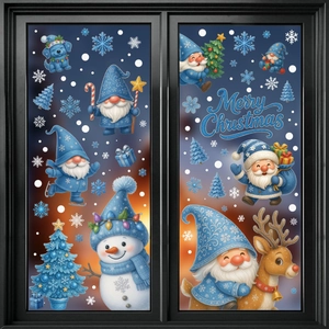 Blue Christmas window gnomes stickers with Santa snowflakes and decorative trees