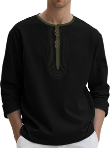 Detail of black cotton linen shirt with green contrast collar and four-button henley neck