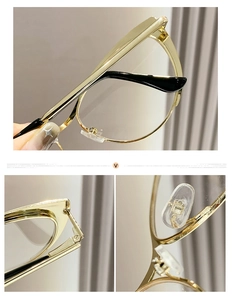 Detail of cat eye glasses frame showing golden metal hinges and soft silicone nose pads