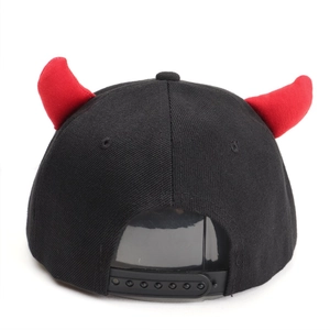 Black baseball cap with red devil horns and adjustable snapback closure on back view