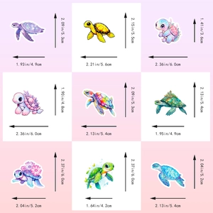 Pack of 50 colorful cartoon sea turtle stickers for DIY skateboards with size dimensions