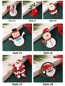 Detail showing weight and size specs of cartoon Christmas enamel pins in festive designs