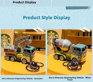Detailed view of dinosaur excavator and mixer toy keychains with bells on yellow stands