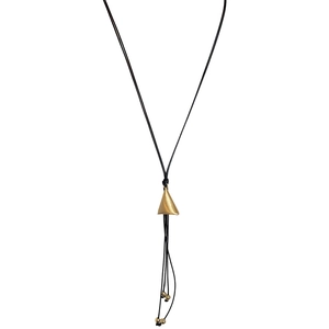 Minimalist double-layered leather necklace with gold triangular cone pendant and tassels