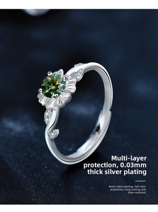 Detail of 925 silver sunflower ring with emerald green stone and petal setting
