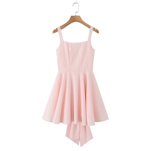Pink sleeveless bow strap A-line dress with square neck and flared hem for women