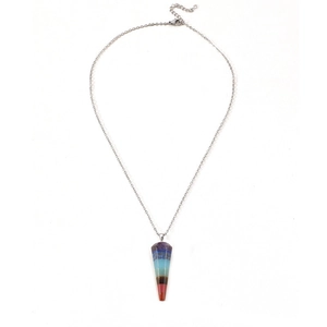 Detail of cone-shaped pendant with rainbow chakra natural stones on silver chain