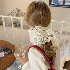 Polka Dot Ruffle Hair Scrunchie Chiffon Oversized Elastic Ponytail Holder With Heart Button Elegant Sweet Accessories