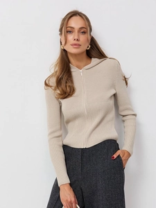 Slim fit beige ribbed knit zip-up hoodie for women with long sleeves and elegant texture