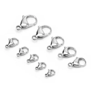 Polished silver stainless steel lobster claw clasps in various sizes for DIY jewelry making