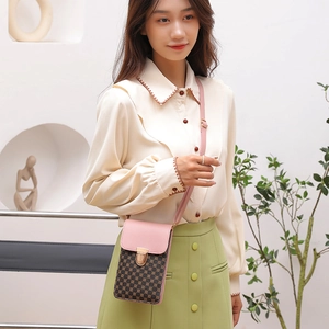 Vertical small square phone bag with pink leather lid and patterned brown body