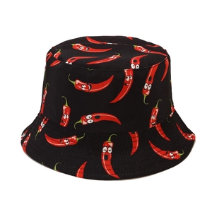 Reversible black bucket hat with cartoon chili patterns for outdoor sun protection
