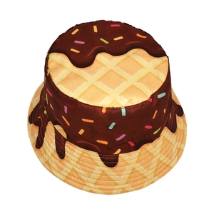 Creative donut pattern bucket hat with chocolate glaze and waffle texture for outdoor wear