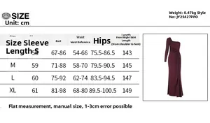 Detailed size chart including sleeve length and bust for backless long sleeve evening gown