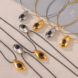 Titanium steel necklaces with waterdrop black agate pendants in gold and silver tones
