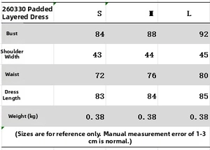 Size chart showing chest, shoulder, and length measurements for layered shoulder pad dress