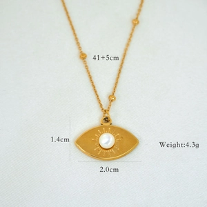 Detail shot of Evil Eye necklace showing 41+5cm chain length and 4.3g weight specs