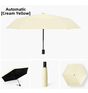 Detail view of cream yellow automatic umbrella with black glue coating for sun protection