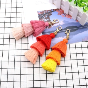 Three-layer gradient tassel keychain with cotton rope weave and gold lobster clasp