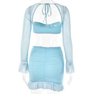 Back view of blue mesh two-piece set featuring lace-up crop top and ruffled mini skirt