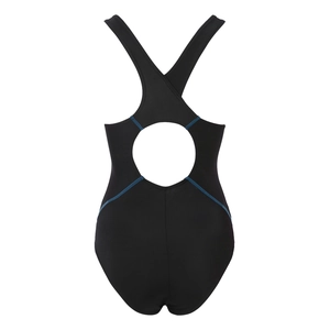 Detail of back cutout and blue contrast stitching on sporty black one-piece swimsuit