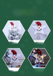 Close-up of lighted plush snowman Christmas tree topper with red sequined hat and spring base