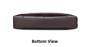 Detail view showing the reinforced bottom and lychee texture of the brown leather briefcase