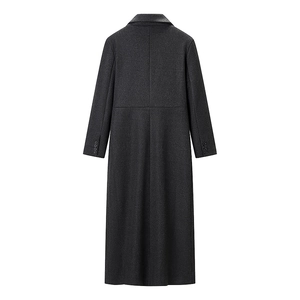 Rear view of a classic dark grey long wool coat featuring premium fabric and clean seams