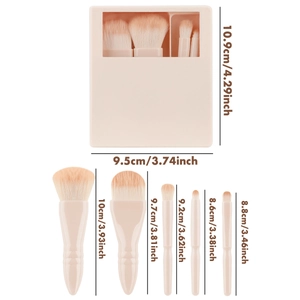 Detailed size specifications for the 5-piece pink travel makeup brush set with mirror