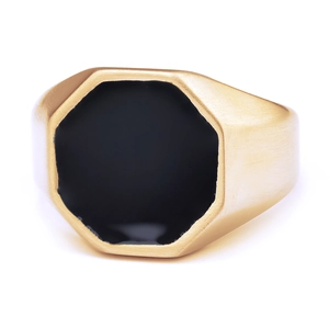 Men's minimalist octagonal gold signet ring with brushed metal and black enamel inlay