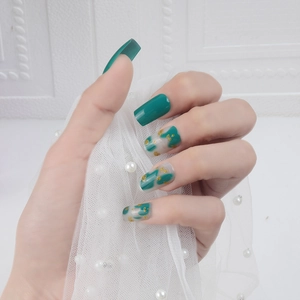 Dark Green Press On Nails Square Shape Marble Pattern Gold Foil Elegant Glossy False Nails For Women