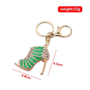 Sparkling rhinestone high heel keychain in green enamel and gold finish with size markers