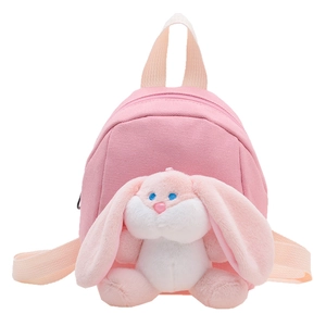 Pink canvas toddler backpack with 3D plush bunny and adjustable straps for girls