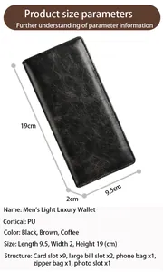 Detailed size parameters and structural layout for the men's PU leather long wallet