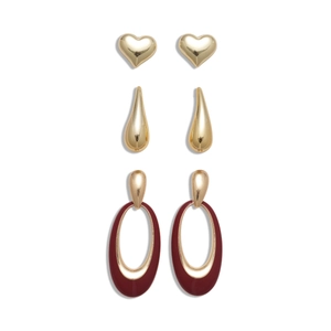 6-piece gold earrings set with heart, water drop, and dark red oval resin pendants