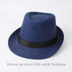 Straw Fedora Hat Woven Breathable Sun Protection Summer Beach Jazz Hat With Black Ribbon For Men Women
