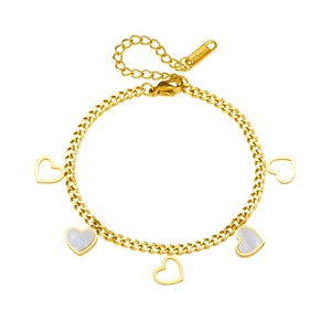 Gold stainless steel Cuban link bracelet with shell inlays and heart charms on white background