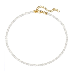 Elegant white round pearl necklace with gold lobster clasp and adjustable extension chain