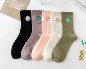 Detailed set of cotton crew socks featuring colorful embroidered planet patterns on ribbed cuffs