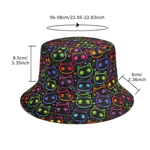 Unisex black bucket hat with neon cartoon cat pattern and heart prints for sun protection